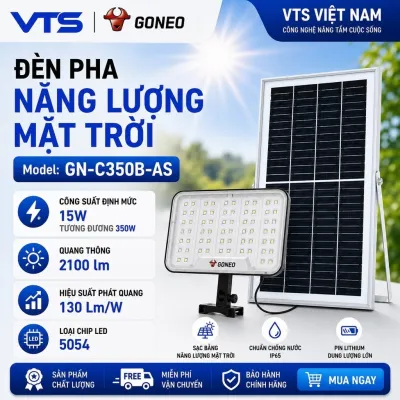 Đèn Pha Năng Lượng Mặt Trời GONEO GN-C350B-AS, Công Suất 350W, Quang Thông 2100lm, Hiệu Suất 130lm/W