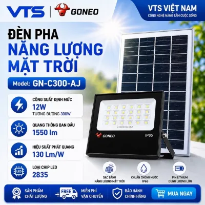Đèn Pha Năng Lượng Mặt Trời GONEO GN-C300B-AJ, Công Suất 12W, Độ Sáng 1550lm, Bảo Hành 2 Năm