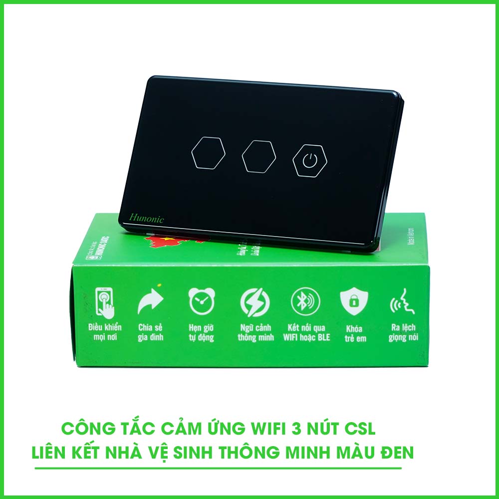 Công Tắc Wifi 3 Nút Liên Kết Nhà Vệ Sinh Thông Minh Màu Đen