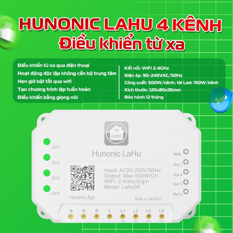 Công tắc Hunonic Lahu 4 kênh (500W/1 kênh) điều khiển từ xa 2