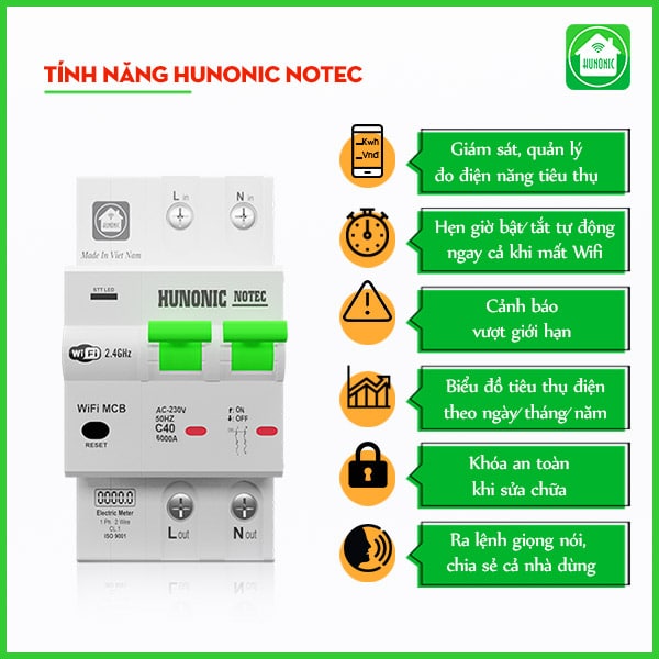 Aptomat Cầu Dao Wifi Thông Minh Đo Năng Lượng Hunonic Notec 2