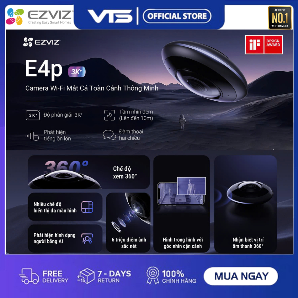 Camera Wifi EZVIZ E4P 6MP 3K+ Mắt Cá Toàn Cảnh, Fish Eye Camera, Đàm Thoại, Hồng Ngoại, AI 3