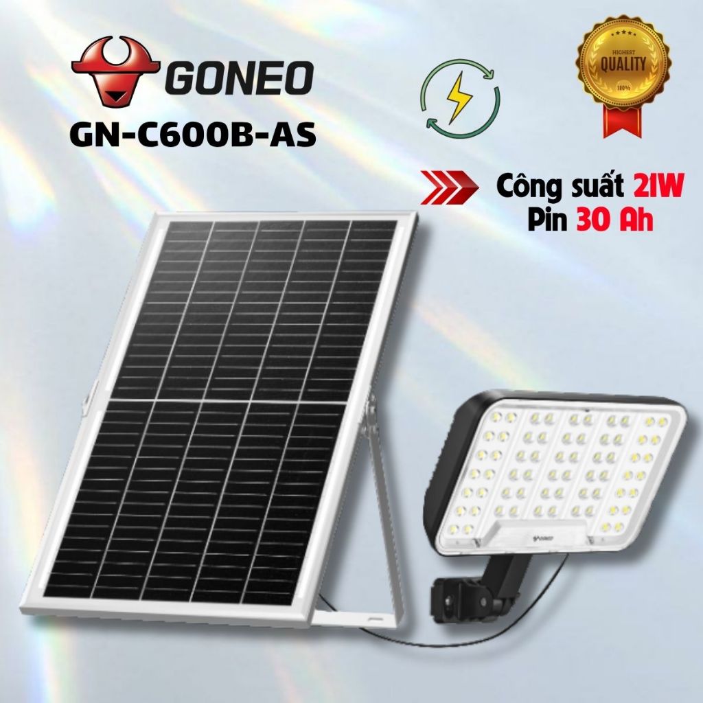 Đèn Pha Năng Lượng Mặt Trời GONEO GN-C600B-AS 600W, Quang Thông 3100lm, Pin 30Ah, 64 Bóng LED 2