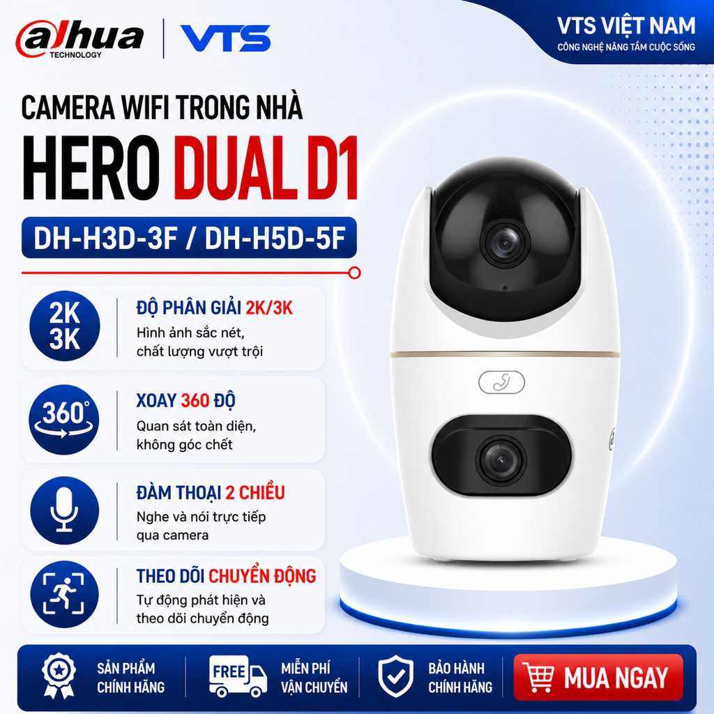 Camera Wifi DAHUA 2 Mắt Hero Dual D1 H3D-3F 6MP/H5D-5F 10MP Xoay 360, Đàm Thoại 2 Chiều, Theo Dõi 3