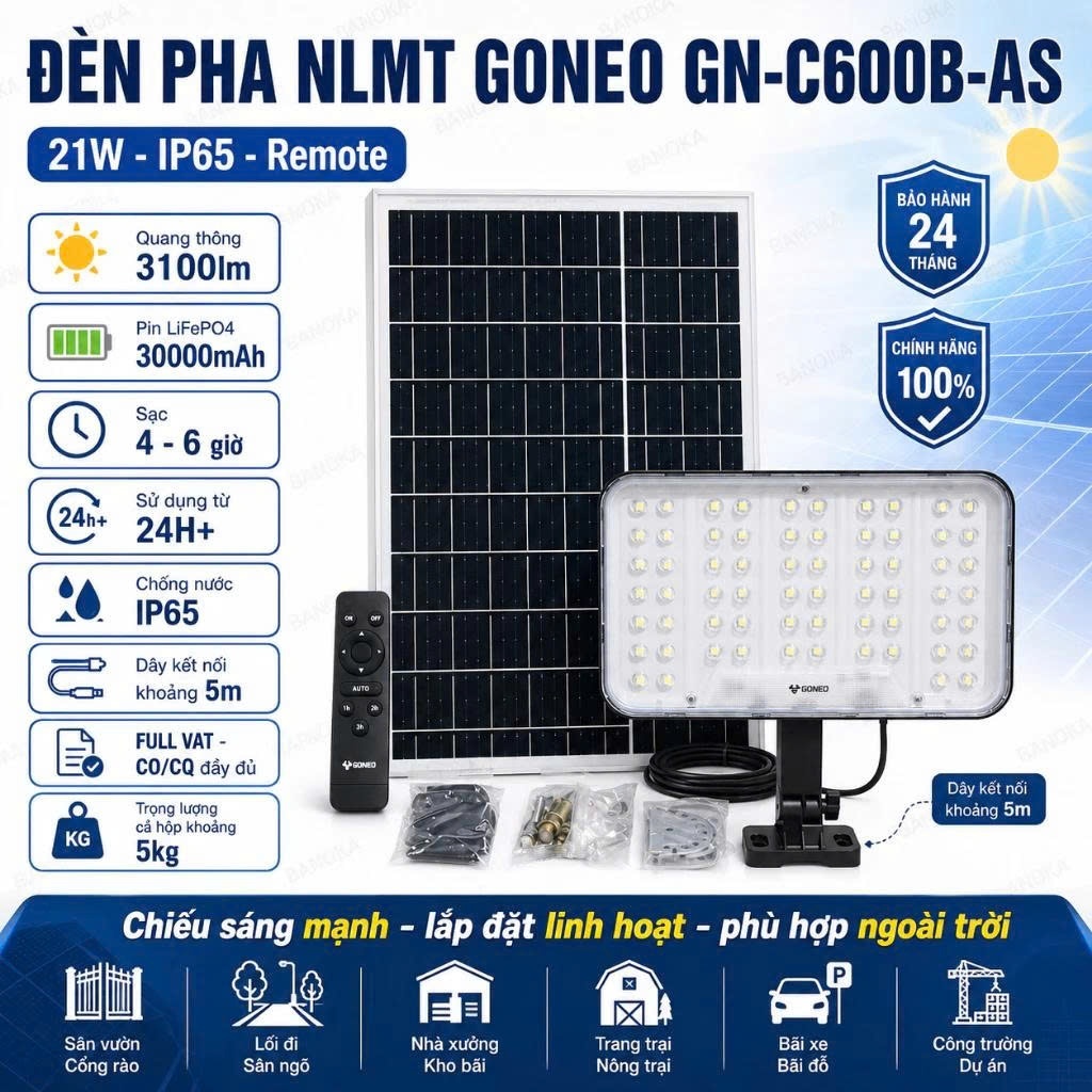 Đèn Pha Năng Lượng Mặt Trời GONEO GN-C600B-AS 600W, Quang Thông 3100lm, Pin 30Ah, 64 Bóng LED 6