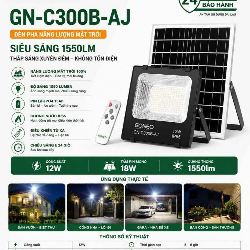 Đèn Pha Năng Lượng Mặt Trời GONEO GN-C300B-AJ, Công Suất 12W, Độ Sáng 1550lm, Bảo Hành 2 Năm 4