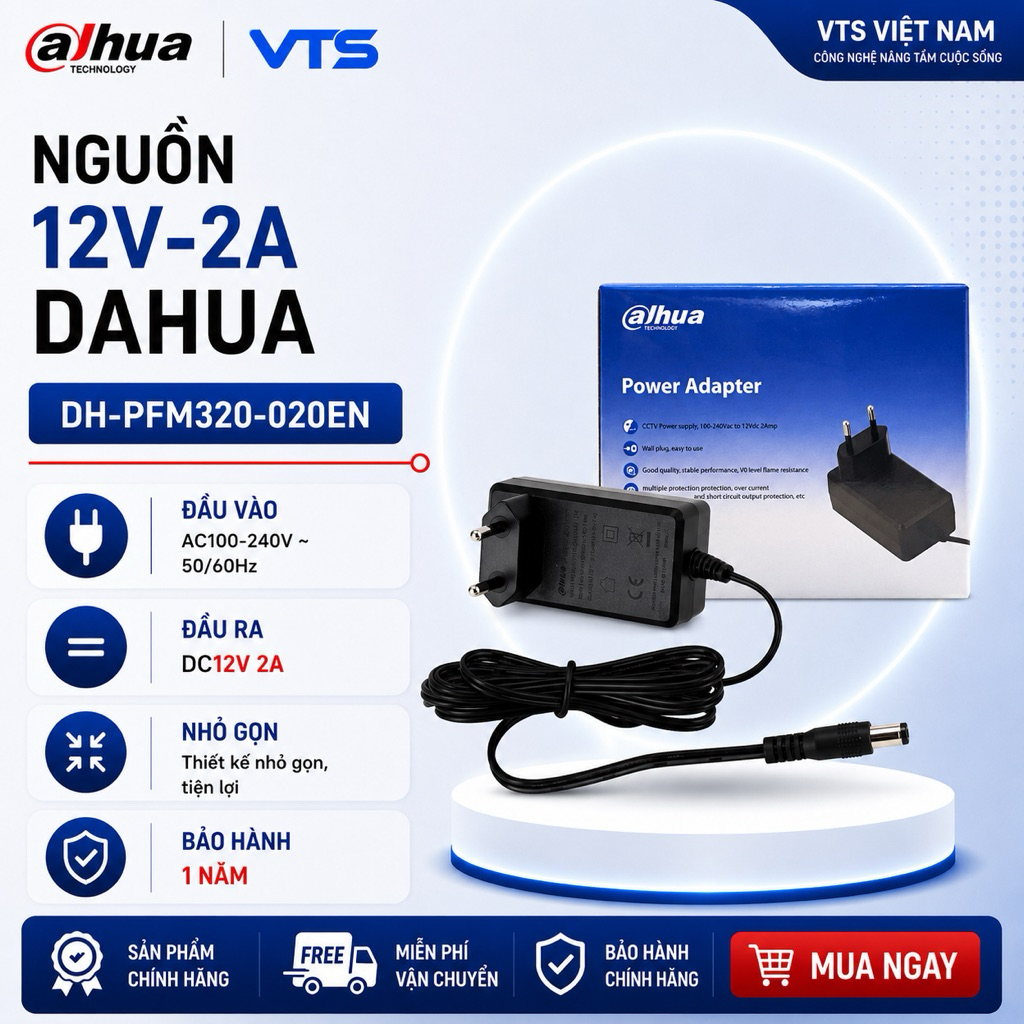 Nguồn Camera DAHUA 12V-2A DH-PFM320-020EN, Nguồn 12V2A chuyên dụng camera, Adapter Camera CCTV 2