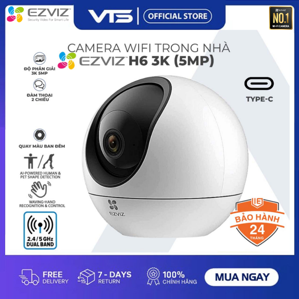 Camera Wifi EZVIZ H6 3K 5MP Góc Rộng Trong Nhà, Xoay 360 Độ, Đàm Thoại 2 Chiều, Theo Dõi Chuyển Động 3