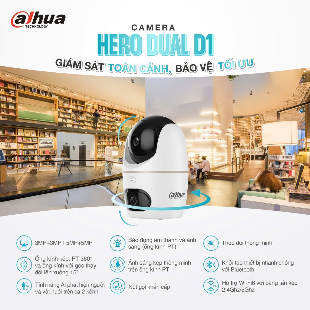 Camera Wifi DAHUA 2 Mắt Hero Dual D1 H3D-3F 6MP/H5D-5F 10MP Xoay 360, Đàm Thoại 2 Chiều, Theo Dõi 6