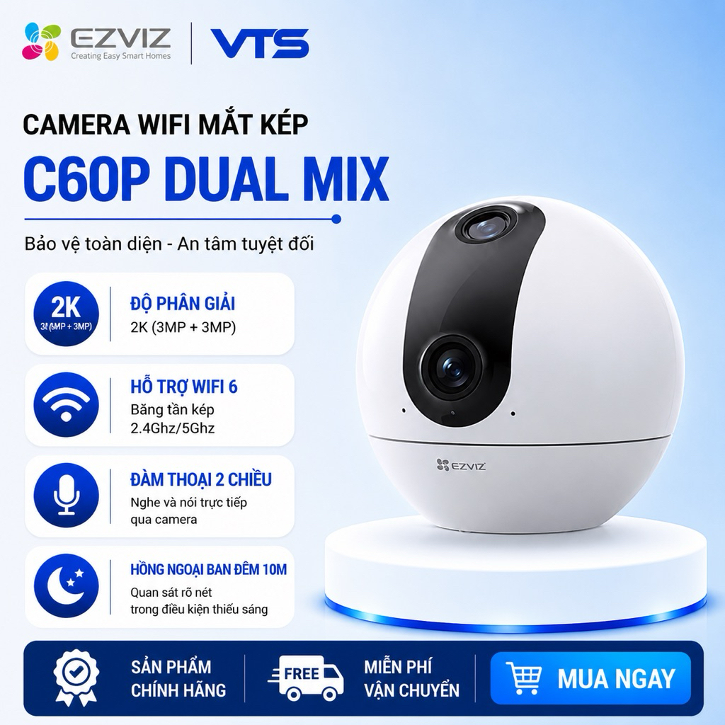 Camera Wifi EZVIZ C60P Dual 2K (3MP + 3MP) - Xoay 360 Độ, Đàm Thoại 2 Chiều, Theo Dõi Chuyển Động 3