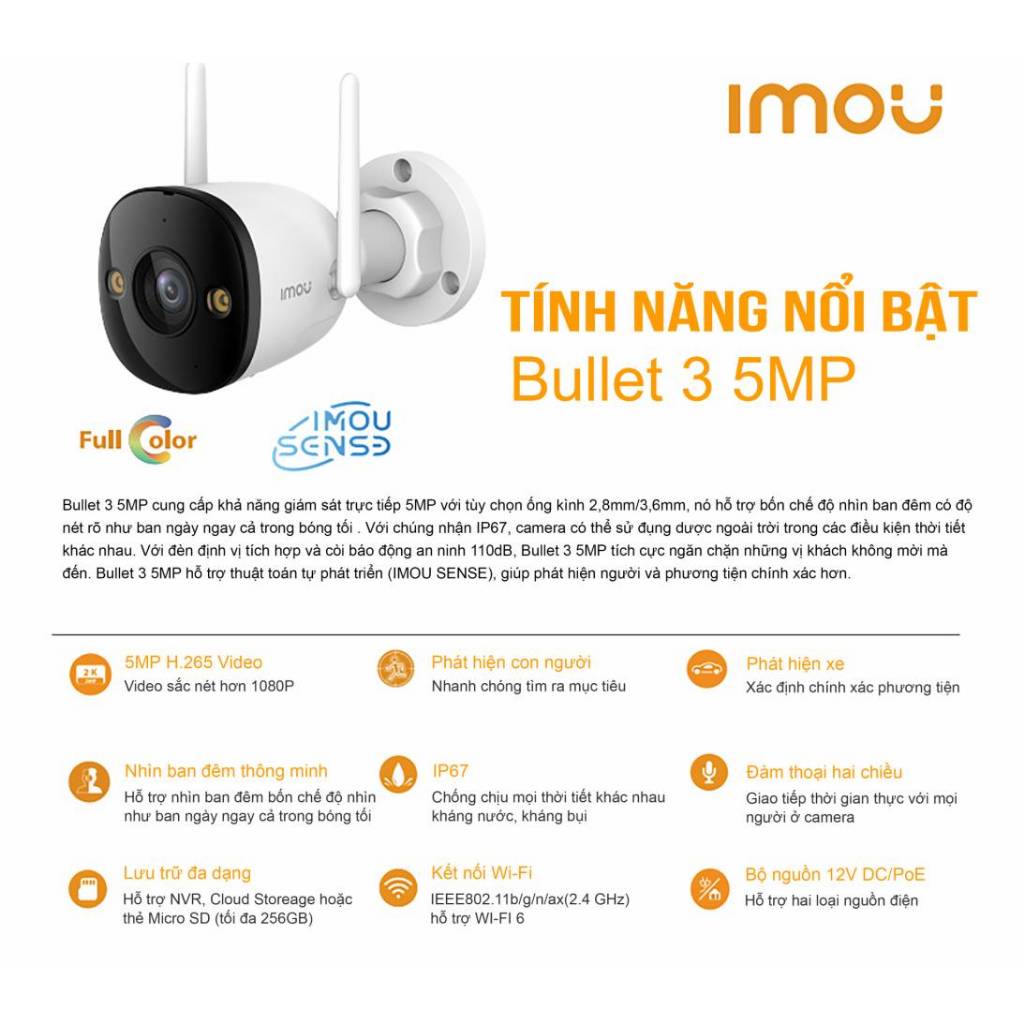 Camera Wifi IMOU Bullet 3 S3EP 3MP/5MP Kim Loại, Đàm Thoại 2 Chiều, Có Màu Ban Đêm, Báo Động 5
