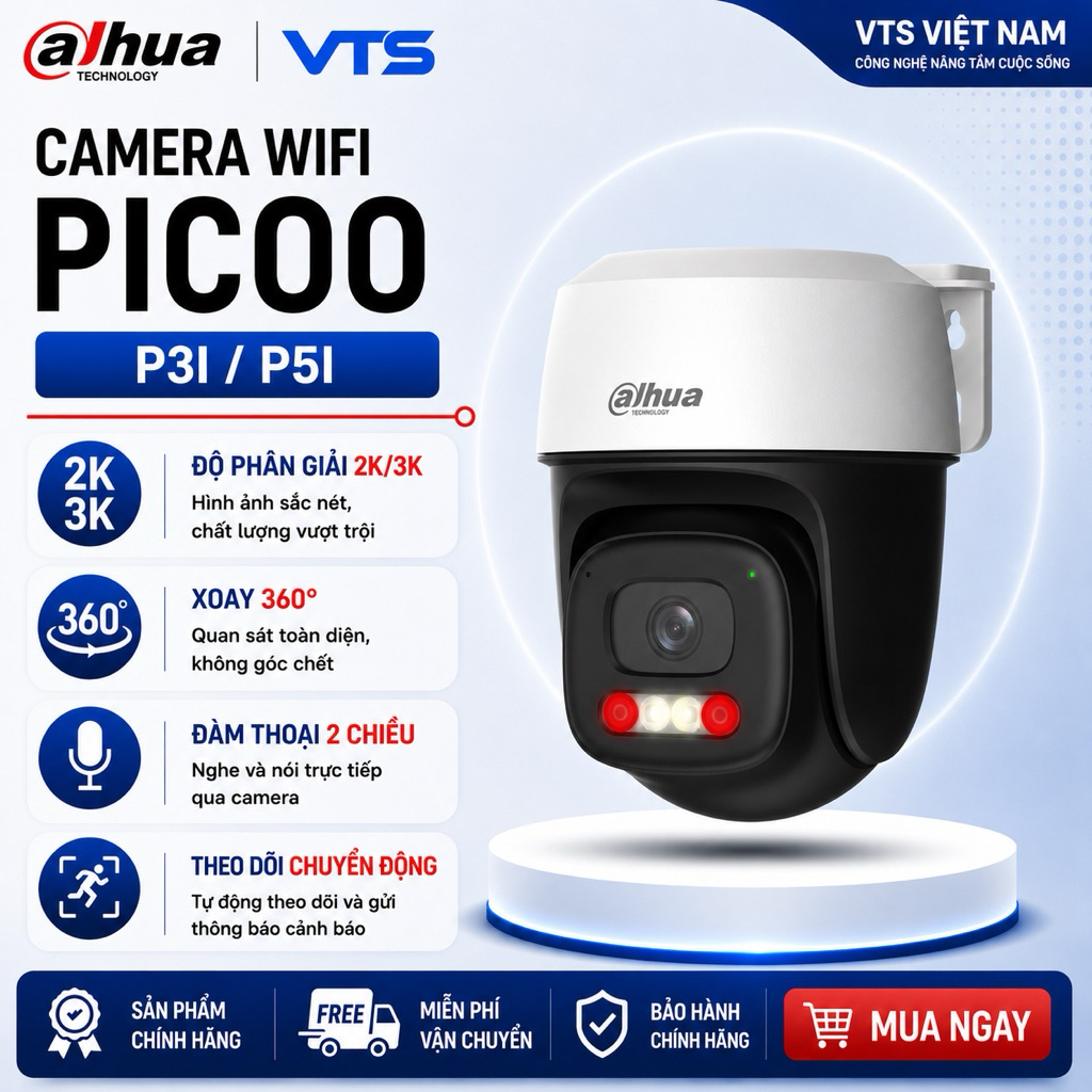 Camera Wifi Dahua Picco P3I 3MP/P5I 5MP Ngoài Trời, Xoay 360 Độ, Đàm Thoại 2 Chiều, Có Màu Ban Đêm, Báo Động Còi Đèn 2