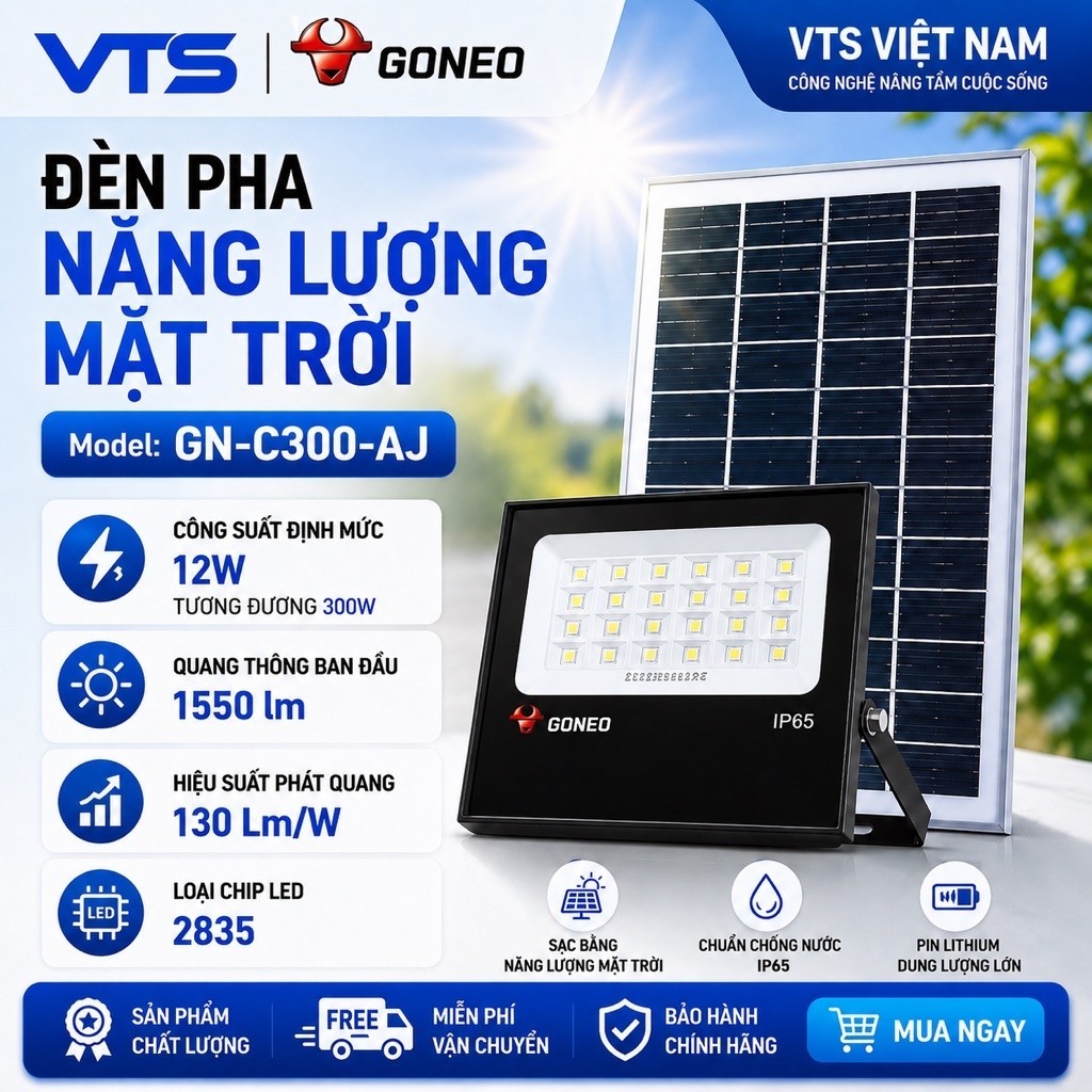 Đèn Pha Năng Lượng Mặt Trời GONEO GN-C300B-AJ, Công Suất 12W, Độ Sáng 1550lm, Bảo Hành 2 Năm 2