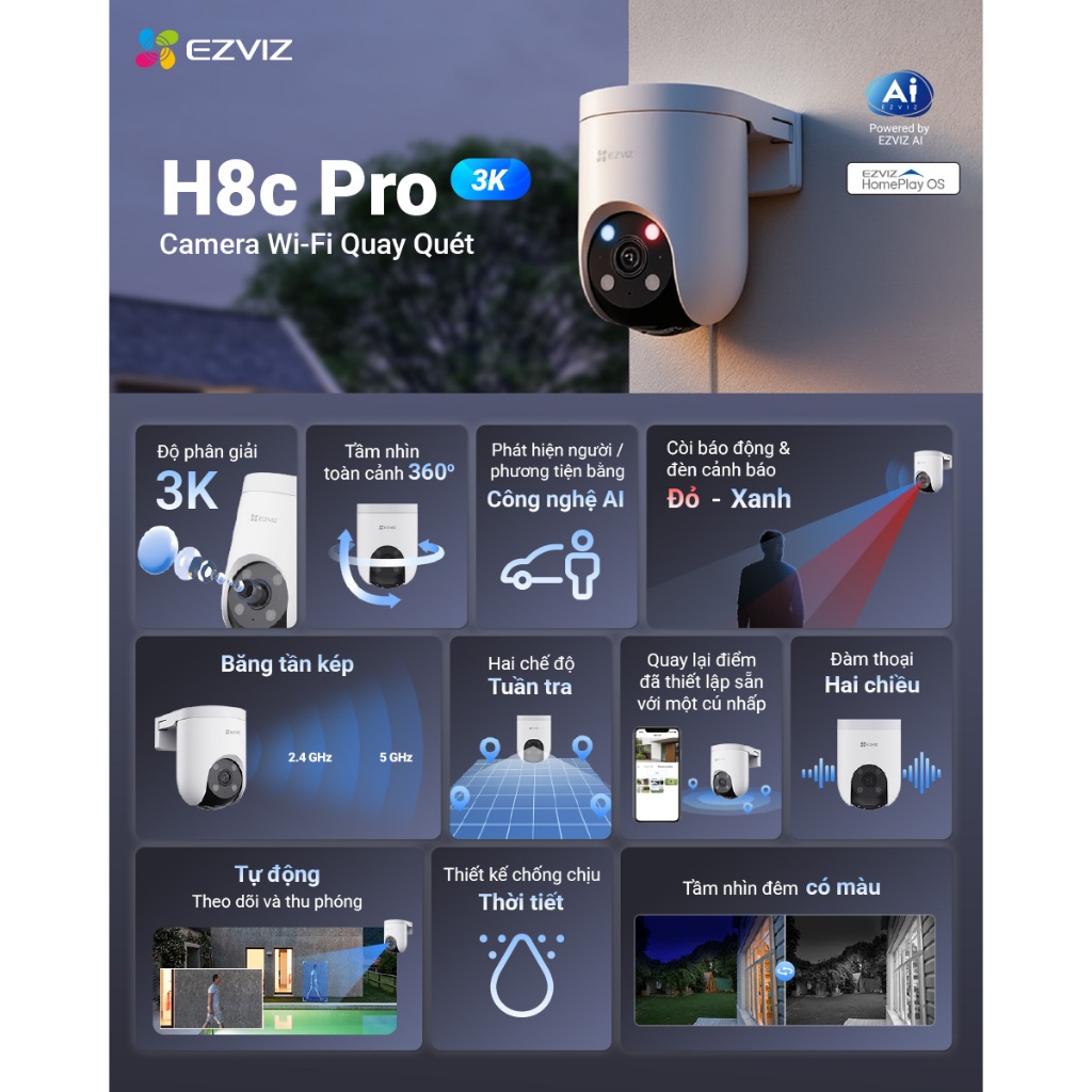 Camera Wifi EZVIZ H8C PRO 3MP/4MP/5MP/8MP, H8C PRO R210, Xoay 360 Độ, Đàm Thoại 2 Chiều, Có Màu 6