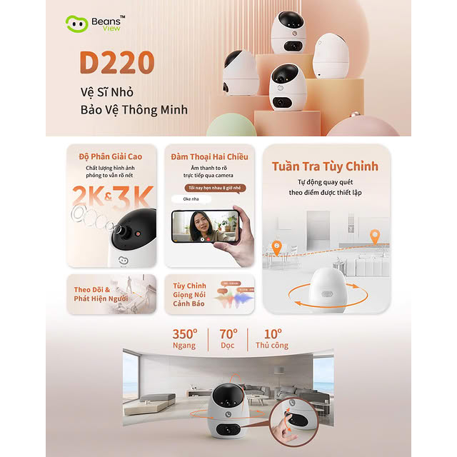 Camera Wifi 2 Mắt BeansView D220 (3MP+3MP)/(5MP+5MP), Ống Kính Kép, Tích Hợp Nút Gọi, Đàm Thoại 5