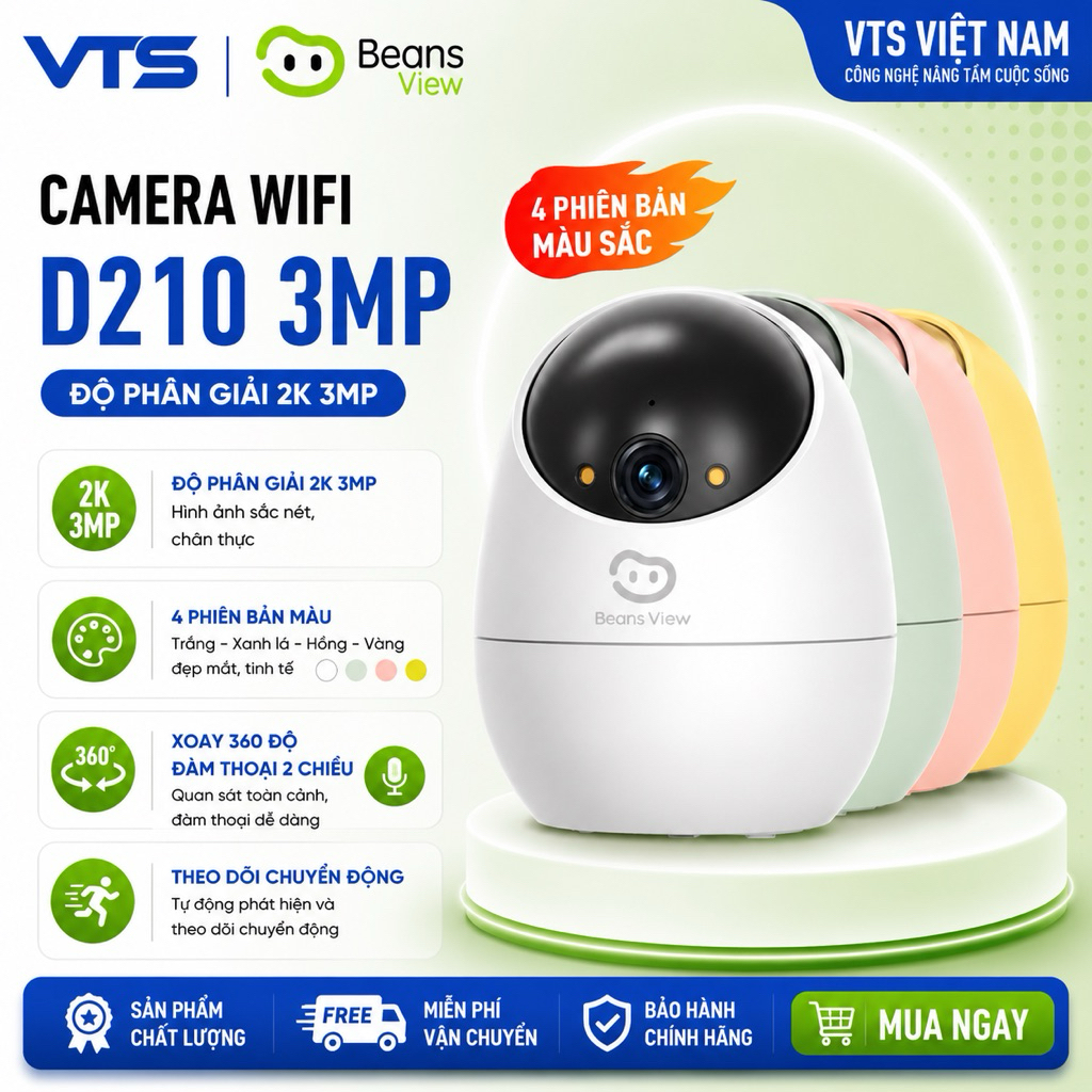 Camera Wifi BeansView D210 3MP Trong Nhà, 4 Phiên Bản Màu, Xoay 360 Độ, Đàm Thoại, Ai Thông Minh 2