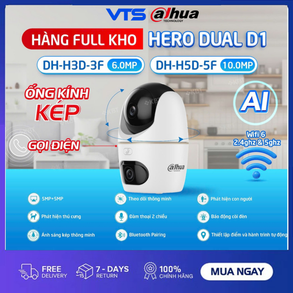 Camera Wifi DAHUA 2 Mắt Hero Dual D1 H3D-3F 6MP/H5D-5F 10MP Xoay 360, Đàm Thoại 2 Chiều, Theo Dõi 5