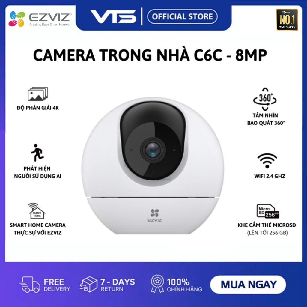 Camera Wifi EZVIZ C6C 4K 8MP Góc Rộng, Xoay 360 Độ, Đàm Thoại 2 Chiều, Theo Dõi Chuyển Động - VTS VN