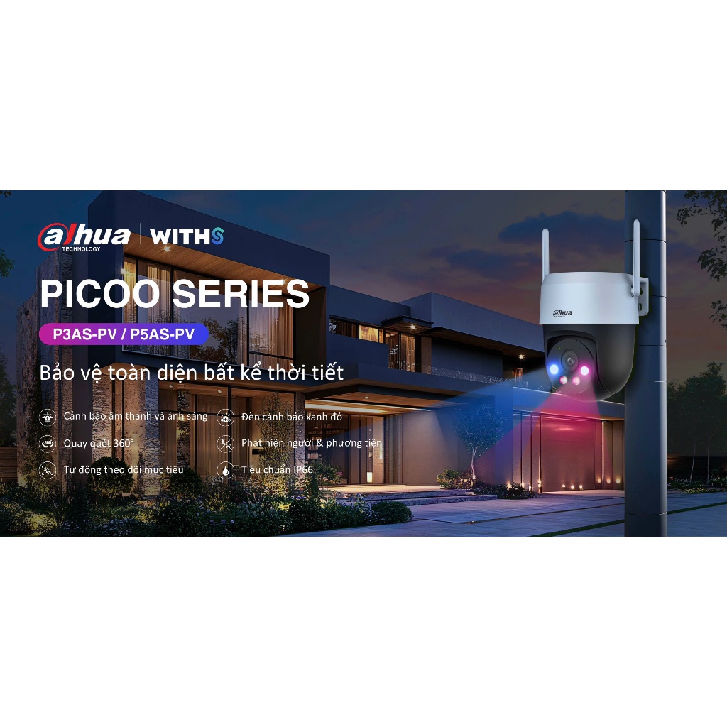 Camera Wifi DAHUA PICOO A2 DH-P3AS-PV 3MP/DH-P5AS-PV 5MP Ngoài Trời, Xoay 360 Độ, Có Màu, Đàm Thoại 7