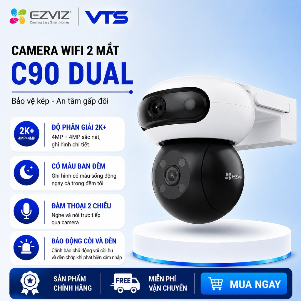 Camera Wifi 2 Mắt Ngoài Trời EZVIZ C90 Dual 2K+ (4MP+4MP) Xoay 360 Độ, Đàm Thoại 2 Chiều, Có Màu 3