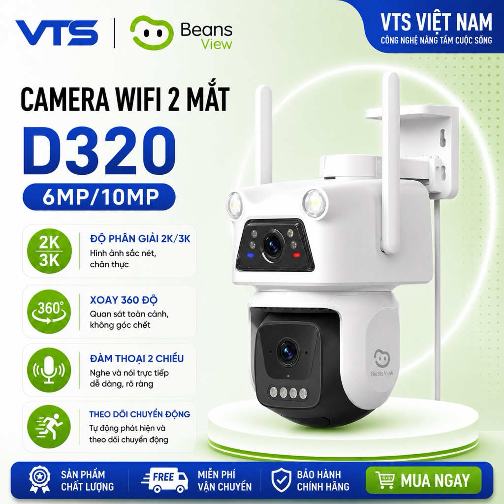 Camera Wifi 2 Mắt BeansView D320 3MP+3MP/5MP+5MP Ngoài Trời, Ống Kính Kép, Có Màu Ban Đêm, Báo Động 3