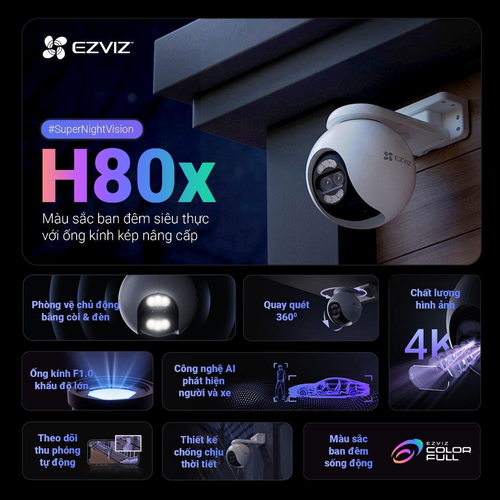 Camera Wifi EZVIZ H80X 4K 8MP/H8X 4MP/H8 PRO, Xoay 360 Độ, Đàm Thoại, Có Màu Ban Đêm, Theo Dõi 6