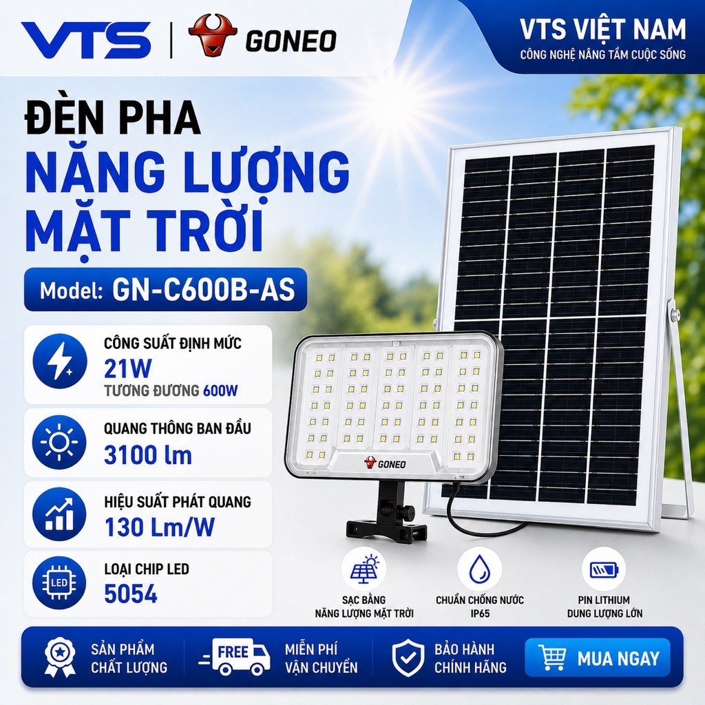 Đèn Pha Năng Lượng Mặt Trời GONEO GN-C600B-AS 600W, Quang Thông 3100lm, Pin 30Ah, 64 Bóng LED 3