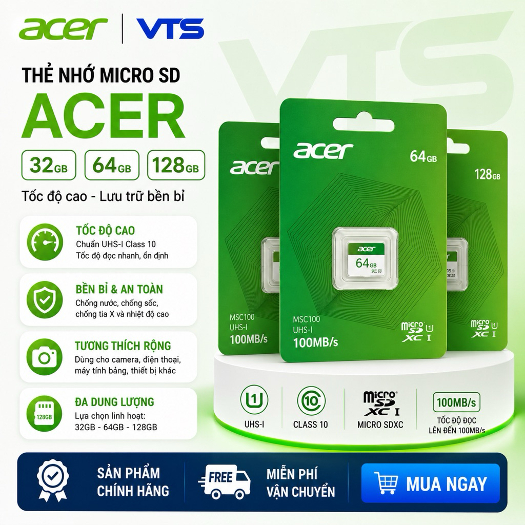 Thẻ Nhớ Micro SD ACER 32GB/64GB/128GB MSC100 UHS-I U3 V30 A1 – 100MB/s Chuyên Dùng Camera 2
