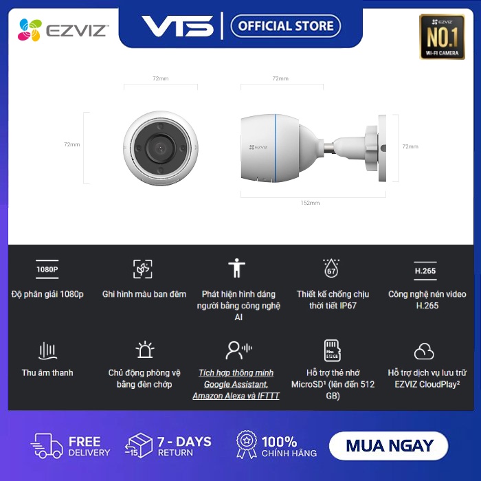 Camera Wifi EZVIZ H3C 2MP Color, Full HD - Mic Thu Âm, Có Màu Ban Đêm - Chuẩn Nén H.265 - VTS VN 3