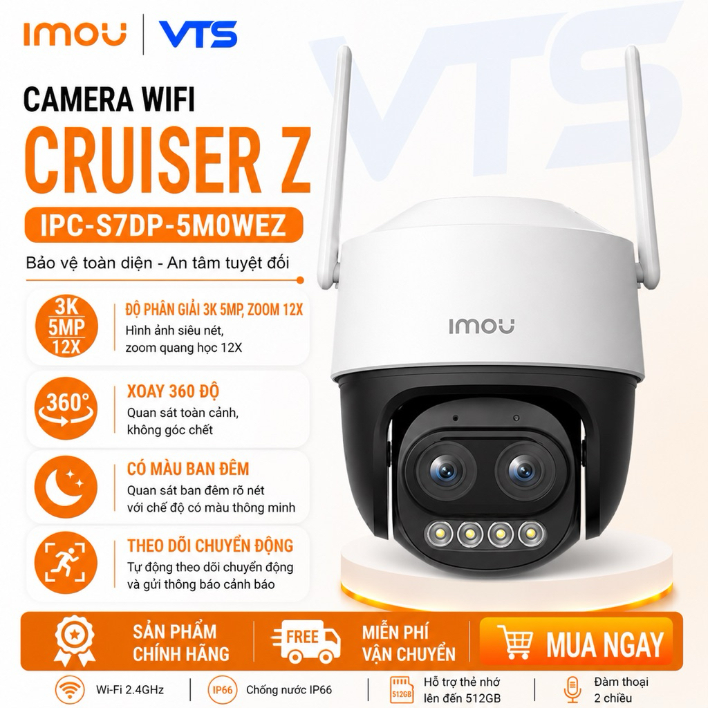 Camera Wifi IMOU CRUISER Z S7DP 3K 5MP, Zoom 12X, Ống Kính Kép, Xoay 360 Độ, Đàm Thoại, Có Màu 3