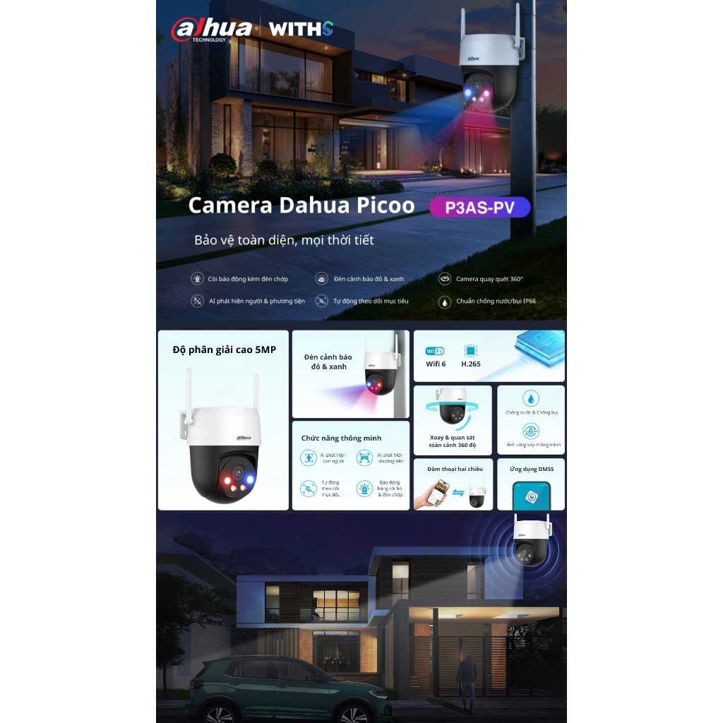 Camera Wifi DAHUA PICOO A2 DH-P3AS-PV 3MP/DH-P5AS-PV 5MP Ngoài Trời, Xoay 360 Độ, Có Màu, Đàm Thoại 6