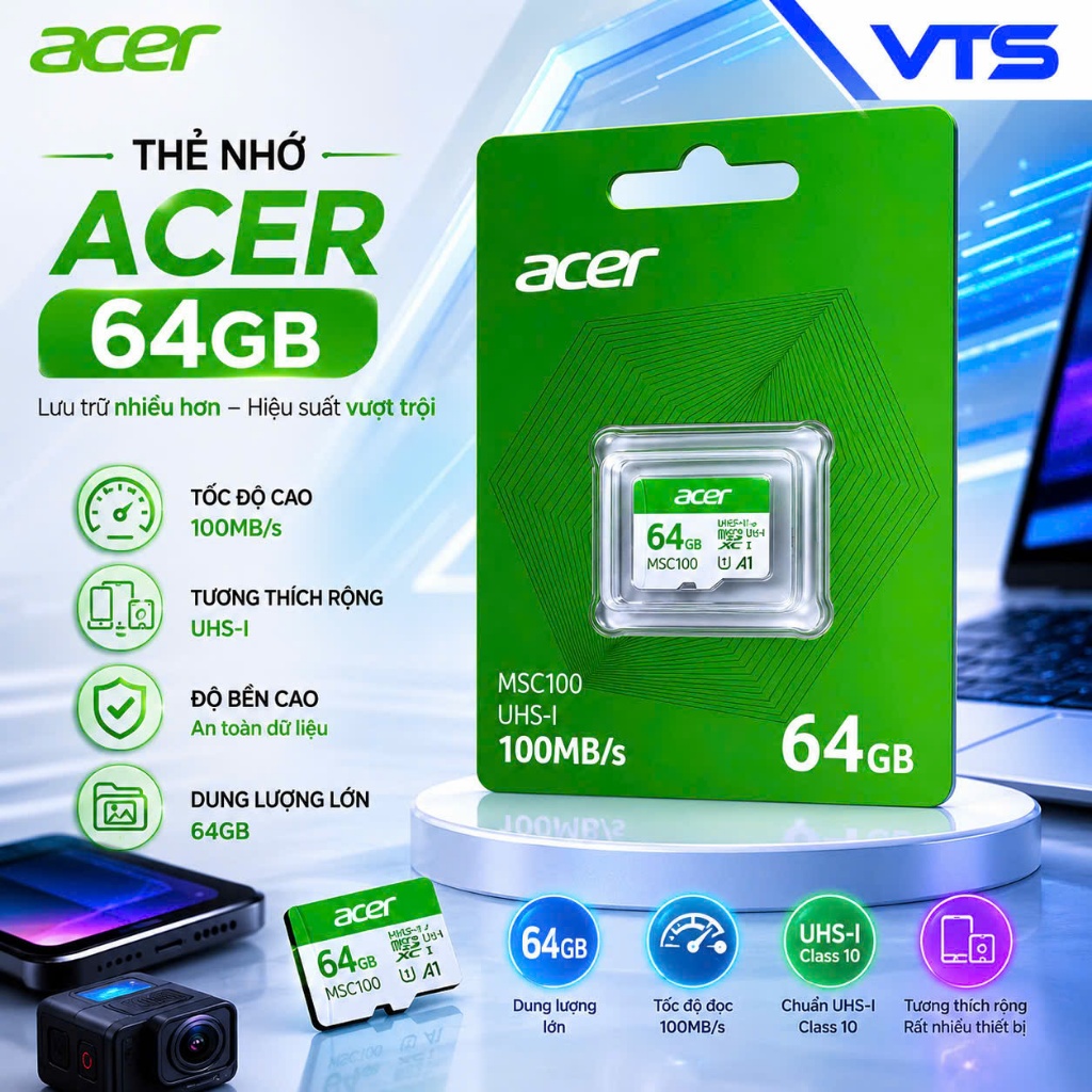 Thẻ Nhớ Micro SD ACER 32GB/64GB/128GB MSC100 UHS-I U3 V30 A1 – 100MB/s Chuyên Dùng Camera 4