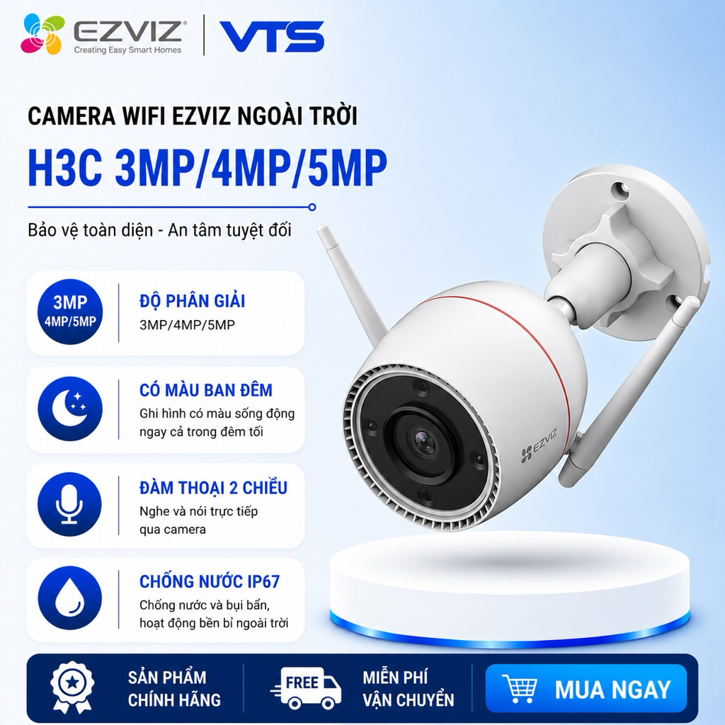 Camera Wifi EZVIZ H3C 3MP/H3C 4MP/H3C 5MP, Full Color, Đàm Thoại 2 Chiều, H.265, Chuẩn IP67- VTS 2