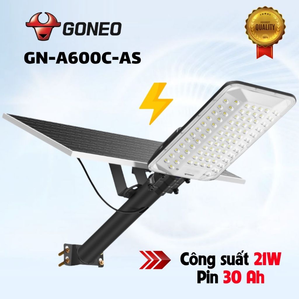 Đèn Đường Năng Lượng Mặt Trời GONEO GN-A600C-AS 21W, Công Suất 600W, Quang Thông 3100lm, Pin 30Ah