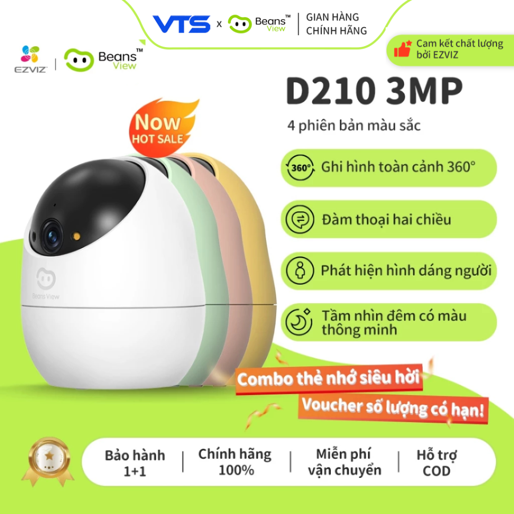 Camera Wifi BeansView D210 3MP Trong Nhà, 4 Phiên Bản Màu, Xoay 360 Độ, Đàm Thoại, Ai Thông Minh 3