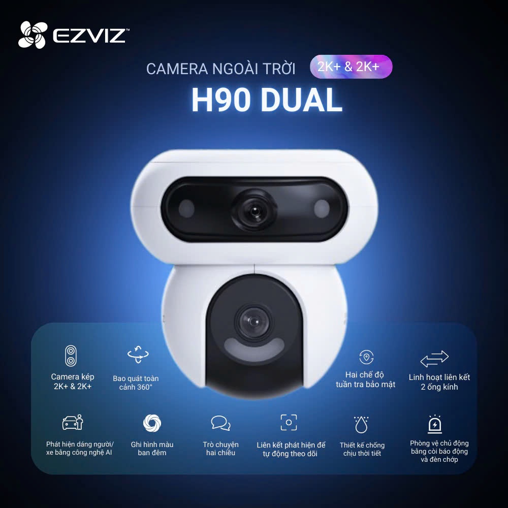 Camera Wifi 2 Mắt Ngoài Trời EZVIZ C90 Dual 2K+ (4MP+4MP) Xoay 360 Độ, Đàm Thoại 2 Chiều, Có Màu 2