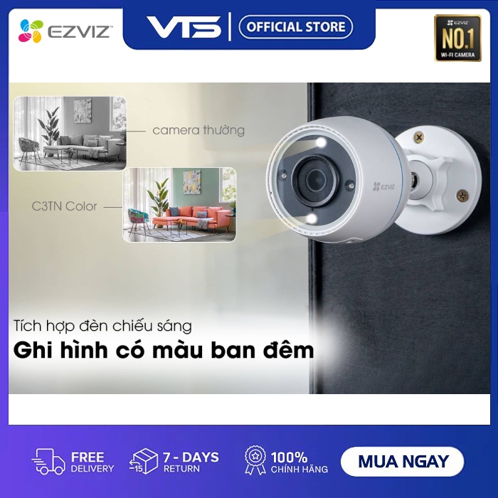 Camera Wifi EZVIZ H3C 2MP Color, Full HD - Mic Thu Âm, Có Màu Ban Đêm - Chuẩn Nén H.265 - VTS VN 5