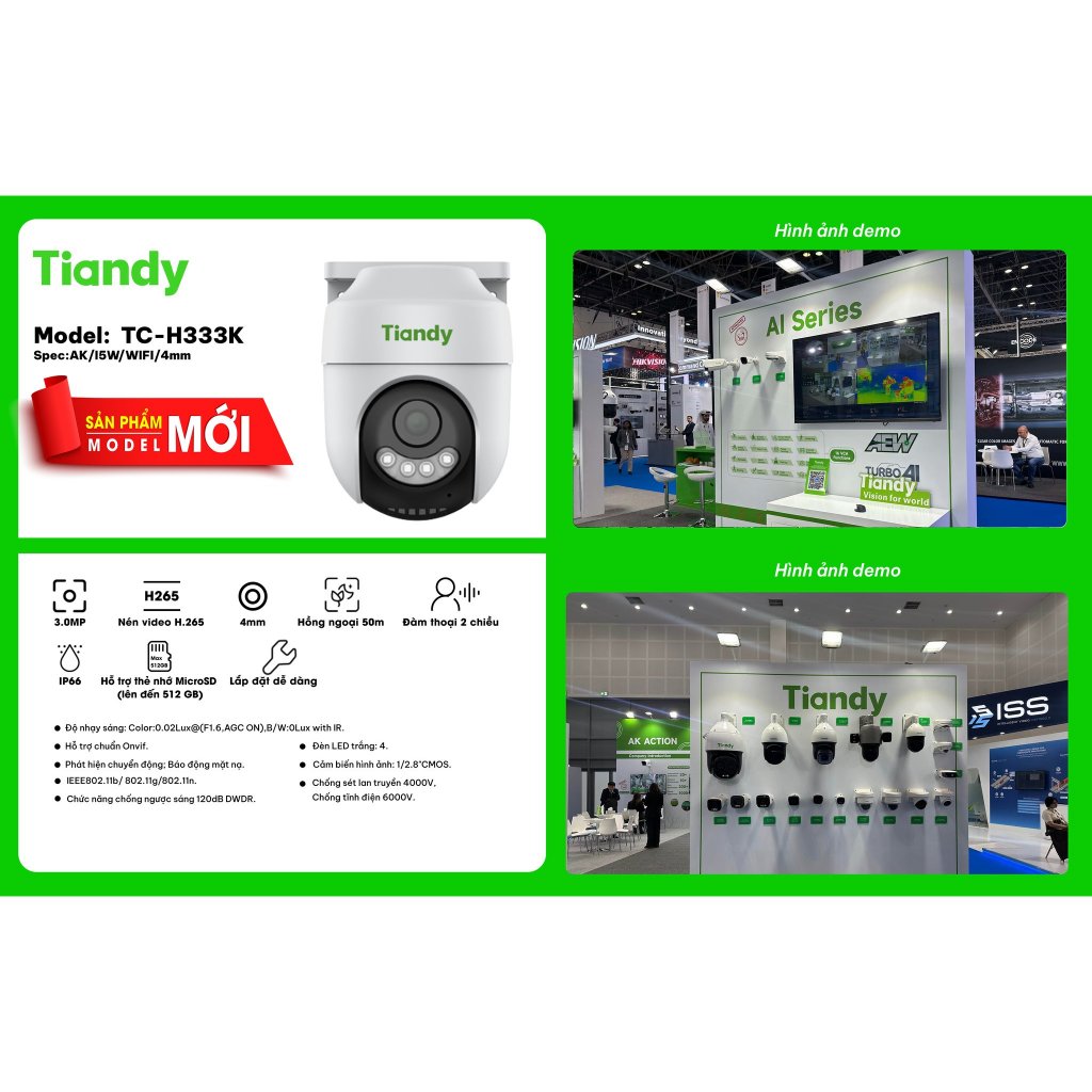 Camera Wifi Ngoài Trời TIANDY H333N/H333K/H334S, Xoay 360 Độ, Có Màu Ban Đêm, Đàm Thoại 2 Chiều