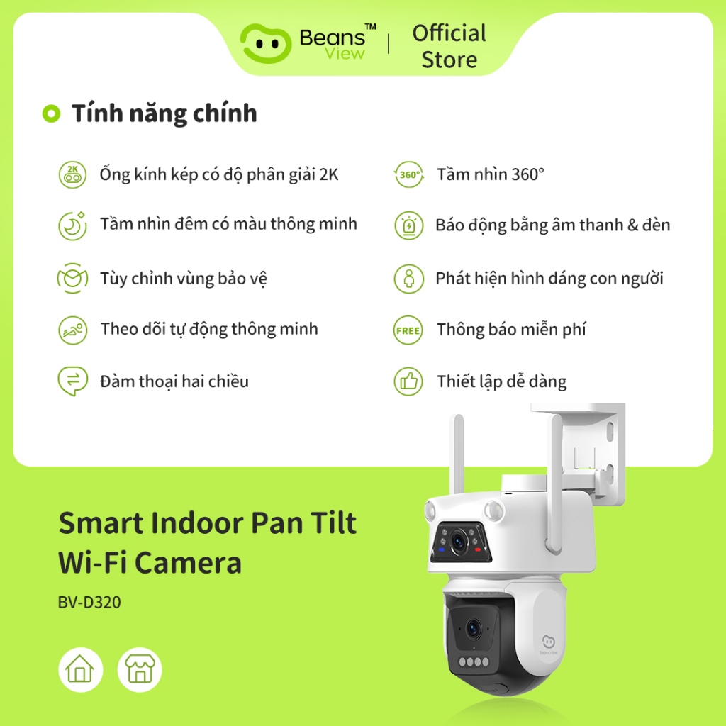 Camera Wifi 2 Mắt BeansView D320 3MP+3MP/5MP+5MP Ngoài Trời, Ống Kính Kép, Có Màu Ban Đêm, Báo Động 5