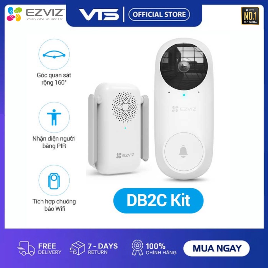 Chuông cửa không dây kèm camera EZVIZ DB2C, Còi báo động chống trộm, Góc Quan Sát Đọc 160°, Tầm Nhìn Ban Đêm Lên Tới 6m 2