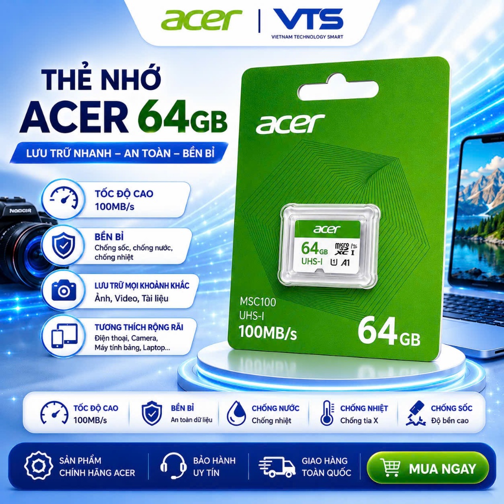 Thẻ Nhớ Micro SD ACER 32GB/64GB/128GB MSC100 UHS-I U3 V30 A1 – 100MB/s Chuyên Dùng Camera 3