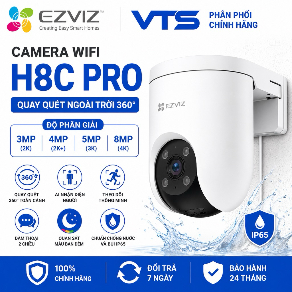 Camera Wifi EZVIZ H8C PRO 3MP/4MP/5MP - Xoay 360 Độ, Đàm Thoại 2 Chiều, Có Màu Ban Đêm, H8C VTS 4