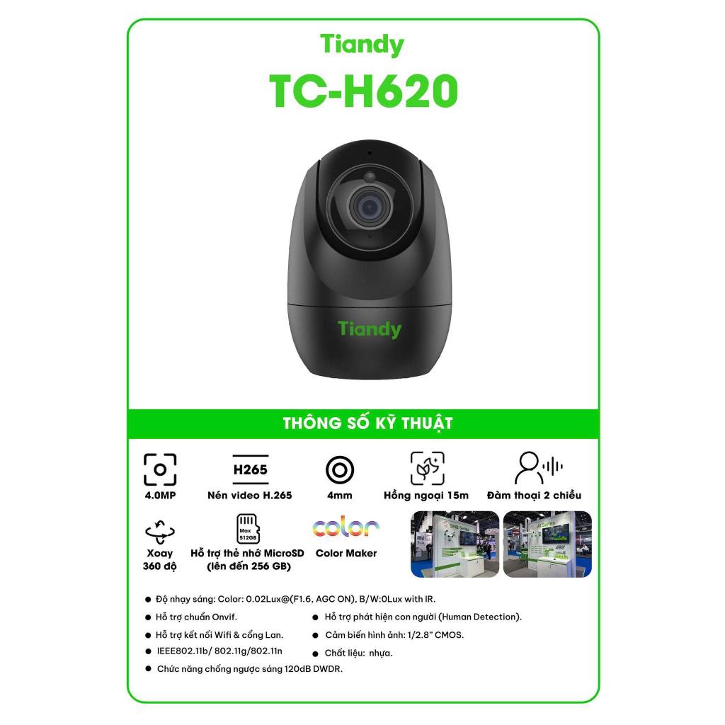 Camera Wifi TIANDY H610 3MP/H620 4MP Trong Nhà, Full Collor, Xoay 360 Độ, Đàm Thoại 2 Chiều