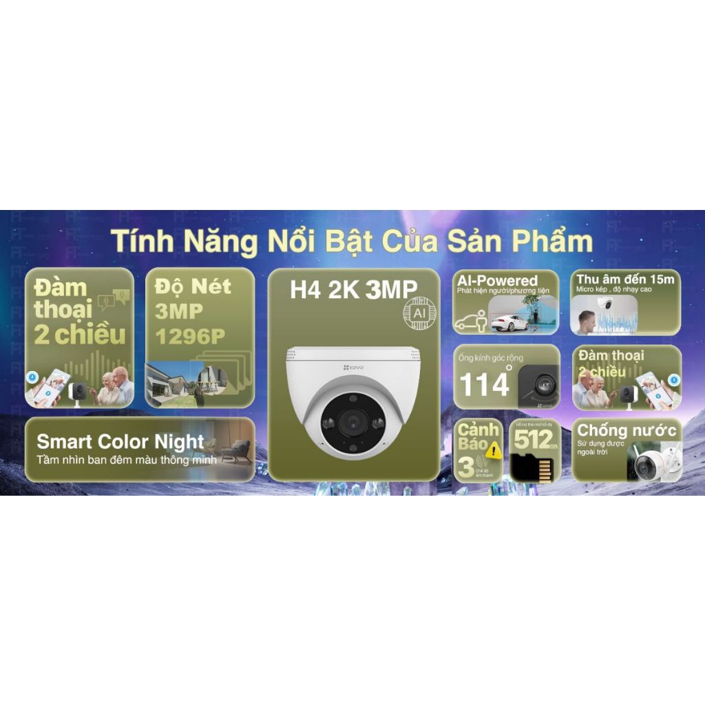 Camera Wifi EZVIZ Dome H4 3MP 2K, Đàm Thoại 2 Chiều, Có Màu Ban Đêm, Tích Hợp Còi Đèn Cảnh Báo 3