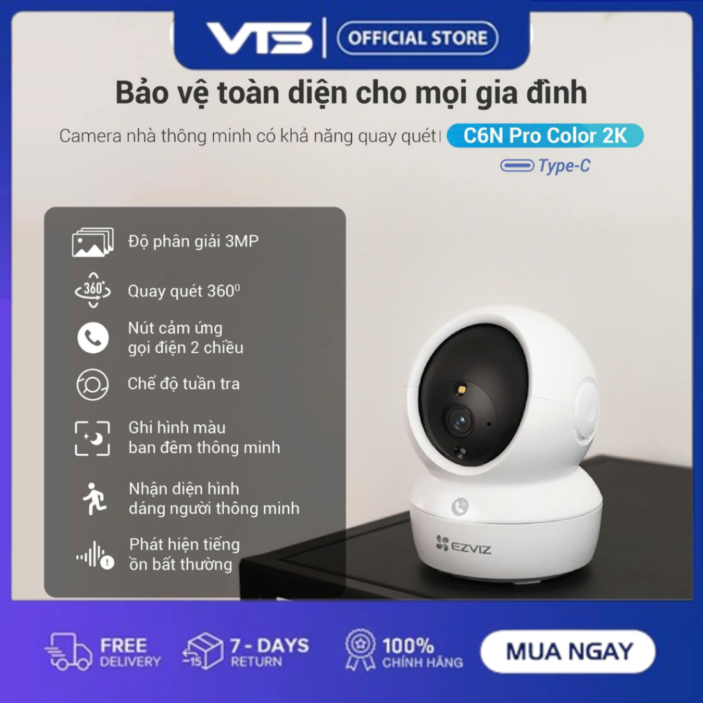 Camera Wifi EZVIZ C6N G1 5MP/C6N G1 3MP/C6N PRO 3MP, Xoay 360 Độ, Đàm Thoại 2 Chiều, Theo Dõi 5
