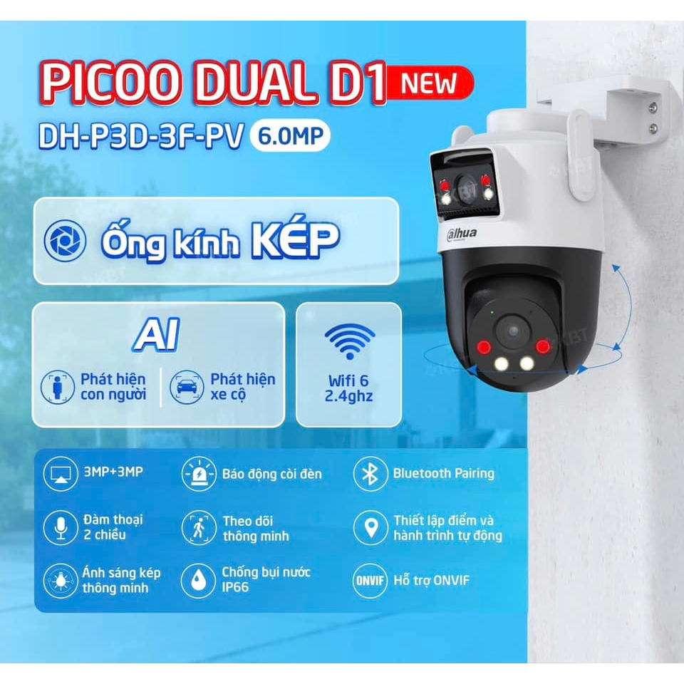 Camera Wifi 2 Mắt DAHUA Picoo Dual D1 P3D-3F-PV 6MP/P5D-5F-PV 10MP, Đàm Thoại 2 Chiều, Xoay 360 Độ 3