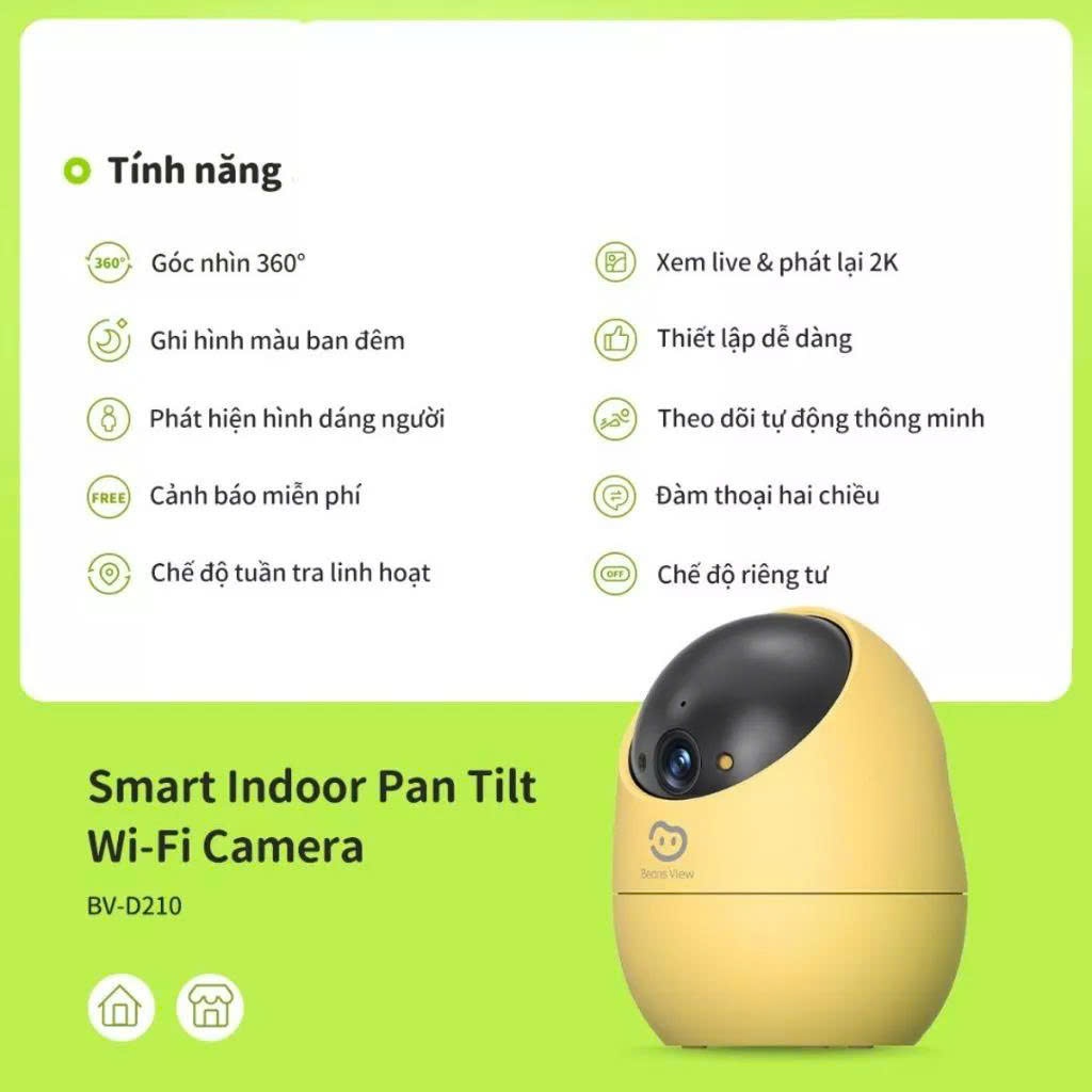 Camera Wifi BeansView D210 3MP Trong Nhà, 4 Phiên Bản Màu, Xoay 360 Độ, Đàm Thoại, Ai Thông Minh