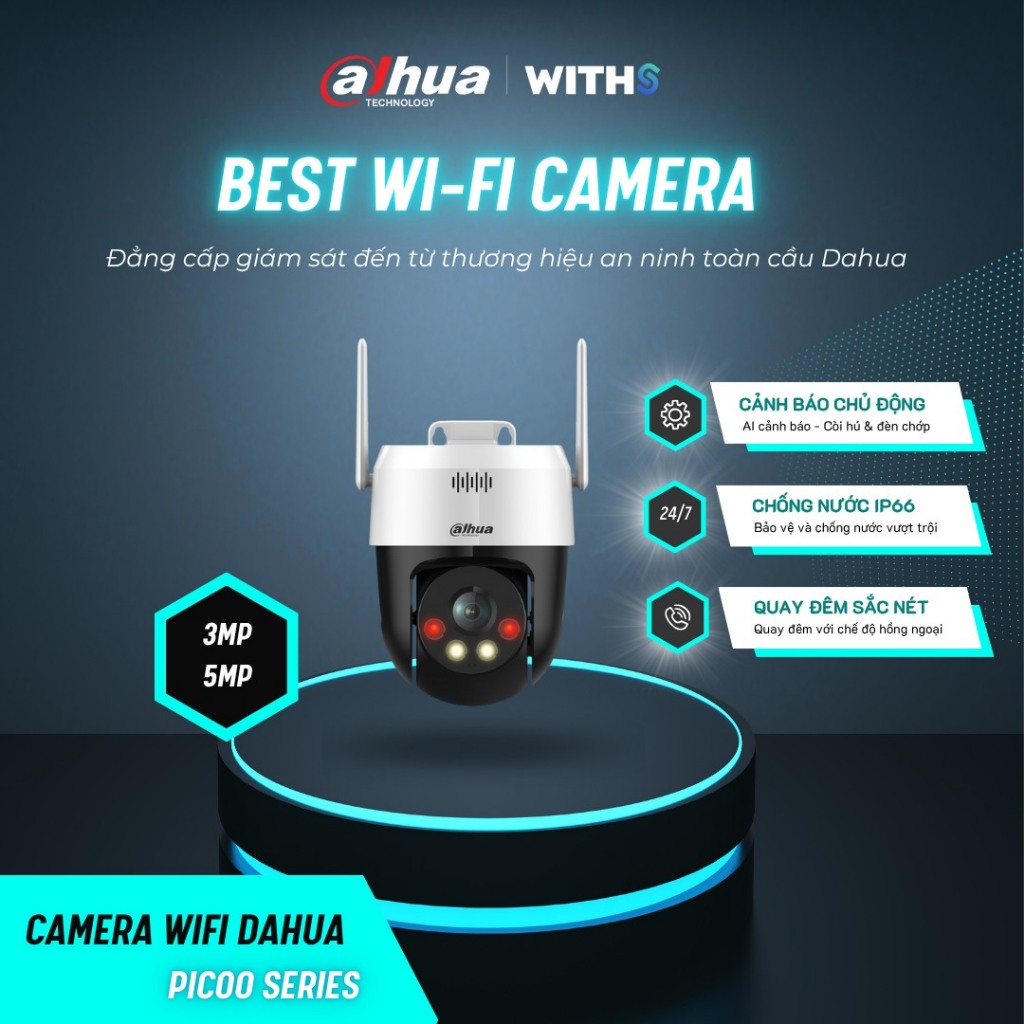Camera Wifi DAHUA PICOO A2 DH-P3AS-PV 3MP/DH-P5AS-PV 5MP Ngoài Trời, Xoay 360 Độ, Có Màu, Đàm Thoại 5