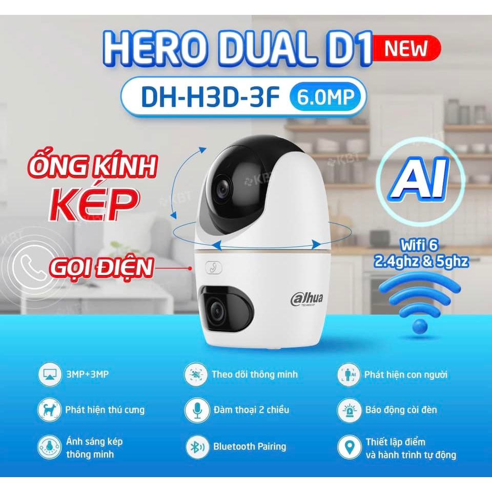 Camera Wifi DAHUA 2 Mắt Hero Dual D1 H3D-3F 6MP/H5D-5F 10MP Xoay 360, Đàm Thoại 2 Chiều, Theo Dõi 2