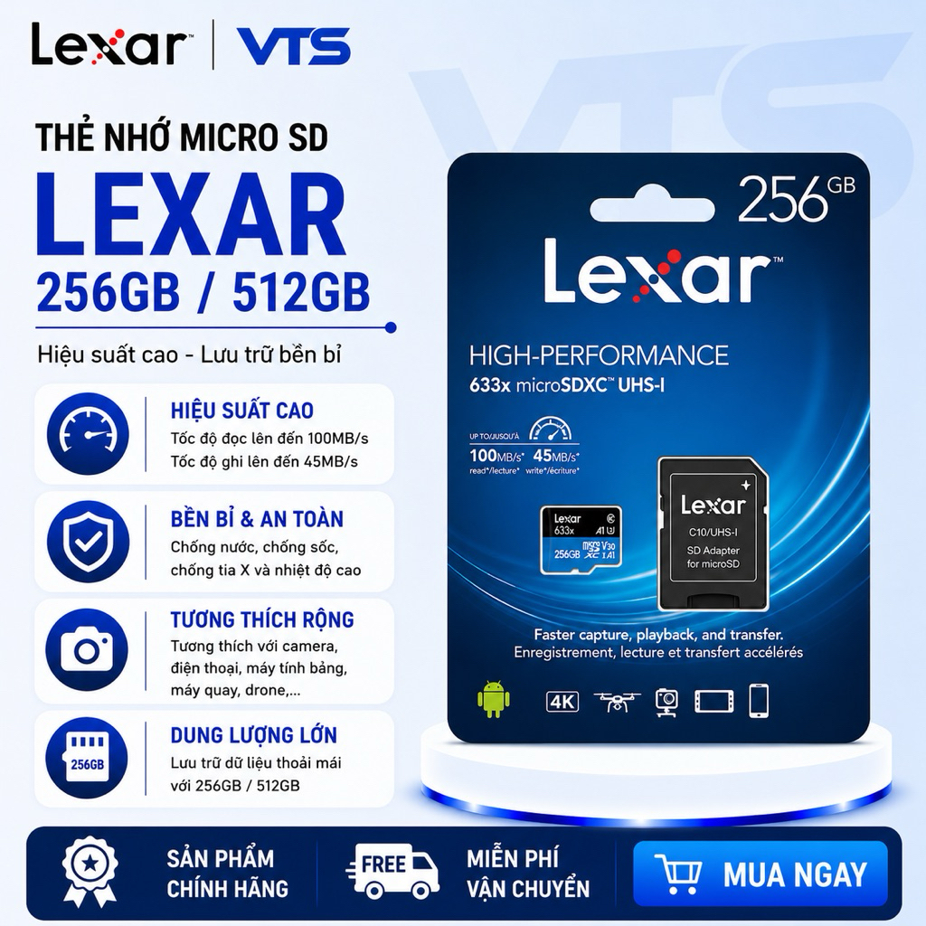 Thẻ Nhớ Micro SDXC LEXAR 256GB/512GB 633x Class 10 A1, Hàng Chính Hãng - Tốc Độ Cao 2